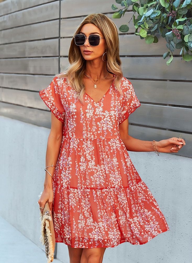Loquat Loose Print New Dress Flowing Skirt Red  - Image 1