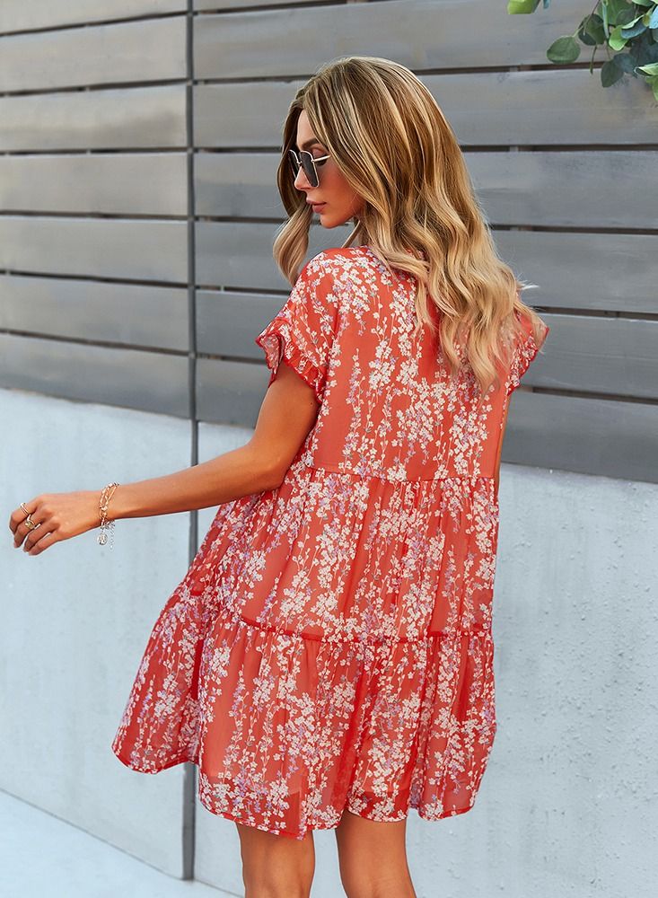 Loquat Loose Print New Dress Flowing Skirt Red  - Image 2