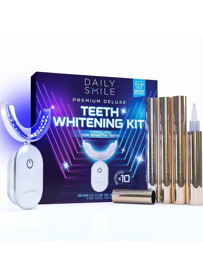 DailySmile طقم تبييض الأسنان الفاخر 10 دقائق للأسنان الحساسة، يساعد على إزالة 20 عامًا من البقع، بديل شرائط تبييض الأسنان، ضوء تبييض الأسنان LED مقاوم للماء 28X، 4 أقلام تبييض الأسنان - Image 1