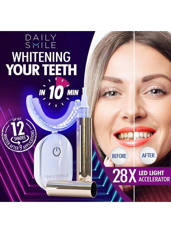DailySmile طقم تبييض الأسنان الفاخر 10 دقائق للأسنان الحساسة، يساعد على إزالة 20 عامًا من البقع، بديل شرائط تبييض الأسنان، ضوء تبييض الأسنان LED مقاوم للماء 28X، 4 أقلام تبييض الأسنان - Image 2