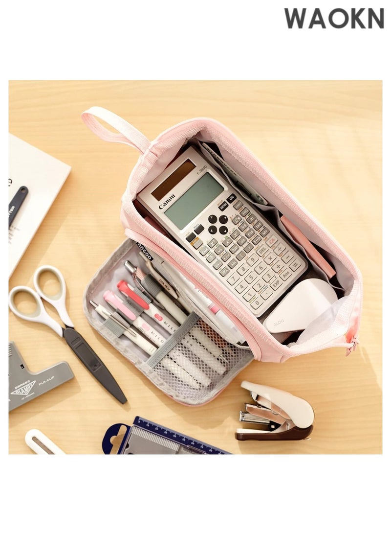 دبليو أيه أو كي أن حافظة أقلام فاخرة ذات سعة كبيرة - منظم جيب أقلام متعدد الأقسام واسع للغاية للمدرسة والجامعة والمكتب والسفر - حامل أنيق ومتين بسحاب للأقلام والعلامات ومستحضرات التجميل ولوازم الفن - هدية مثالية للطلاب والمراهقين والأولاد والبنات والرجال والنساء (وردي) - Image 3