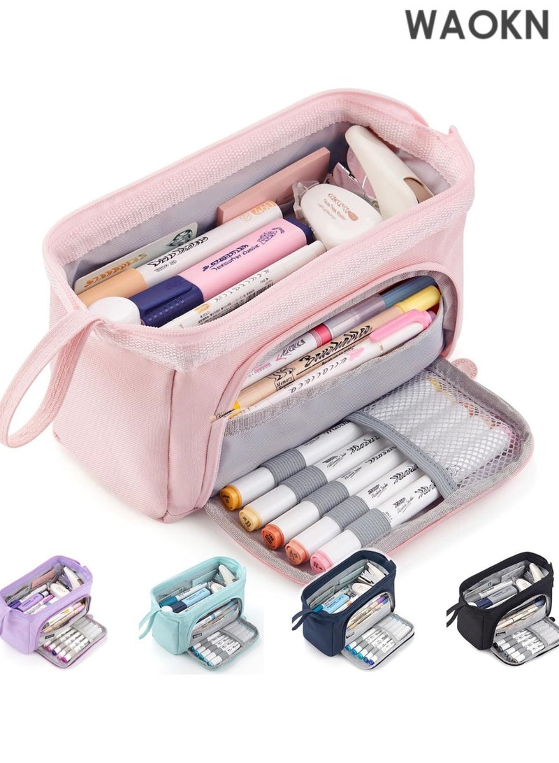 دبليو أيه أو كي أن حافظة أقلام فاخرة ذات سعة كبيرة - منظم جيب أقلام متعدد الأقسام واسع للغاية للمدرسة والجامعة والمكتب والسفر - حامل أنيق ومتين بسحاب للأقلام والعلامات ومستحضرات التجميل ولوازم الفن - هدية مثالية للطلاب والمراهقين والأولاد والبنات والرجال والنساء (وردي) - Image 1