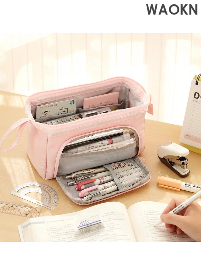 دبليو أيه أو كي أن حافظة أقلام فاخرة ذات سعة كبيرة - منظم جيب أقلام متعدد الأقسام واسع للغاية للمدرسة والجامعة والمكتب والسفر - حامل أنيق ومتين بسحاب للأقلام والعلامات ومستحضرات التجميل ولوازم الفن - هدية مثالية للطلاب والمراهقين والأولاد والبنات والرجال والنساء (وردي) - Image 2