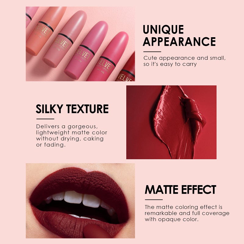 Dulele 6 Colors of Velvet Smooth Matte Lipstick Set, Long Lasting & Waterproof Non-Stick Cup Nude Color Lip Makeup Gift Set for Girls and Women - Image 2