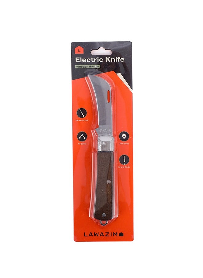 Electric Knife with Wooden Handle - Compact Folding Utility Knife with Hawkbill Blade and Swivel Ring Belt Clip, Ideal for Electrical Repairs, Cable Cutting, Wire Stripping, and DIY Projects