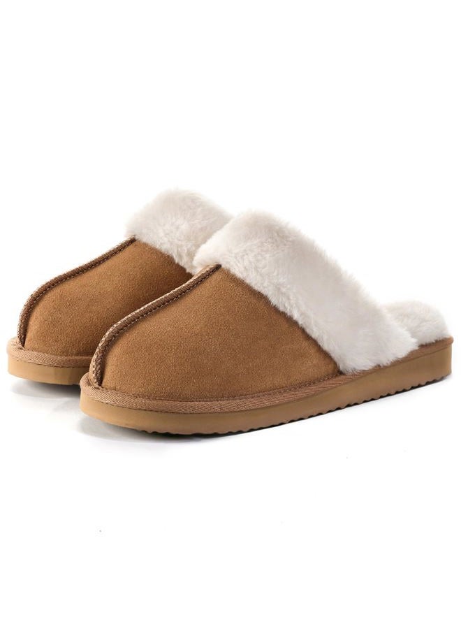 OOW Fuzzy Slippers for Women Cozy Faux Fur House Shoes Winter Warm Memory Foam Slippers for Indoor and Outdoor, Chestnut, 10 - Image 1