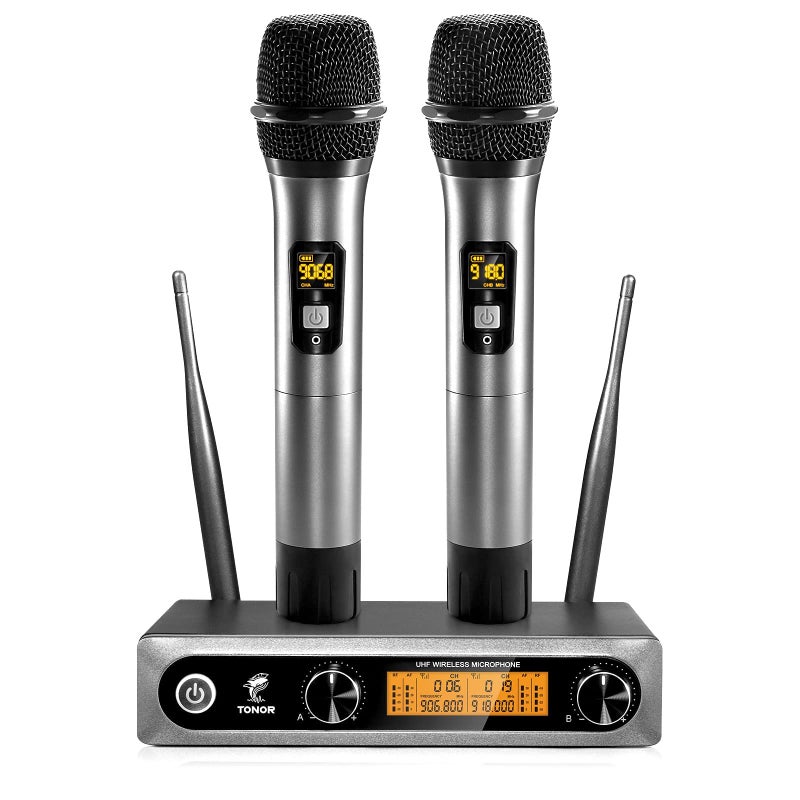 TONOR Wireless Microphones, Metal Dual Professional UHF Cordless Dynamic Mic Handheld Microphone System for Home Karaoke, Meeting, Party, Church, DJ, Wedding, Home KTV Set, 200ft, TW-820 Silver - Image 1