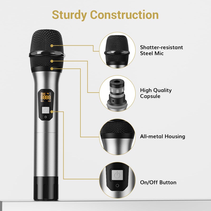 TONOR Wireless Microphones, Metal Dual Professional UHF Cordless Dynamic Mic Handheld Microphone System for Home Karaoke, Meeting, Party, Church, DJ, Wedding, Home KTV Set, 200ft, TW-820 Silver - Image 4