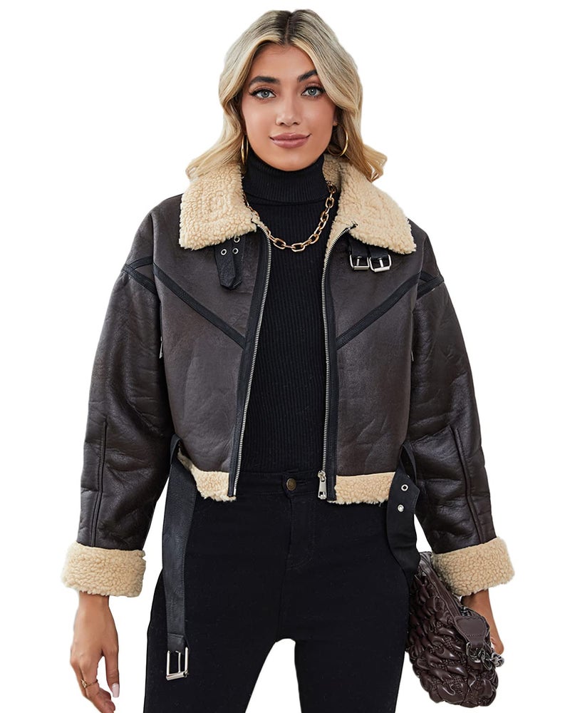 LY VAREY LIN Winter Women Faux Lamb Fur Leather Short Jacket Lapel Zipper Bomber Aviator Coat - Image 1