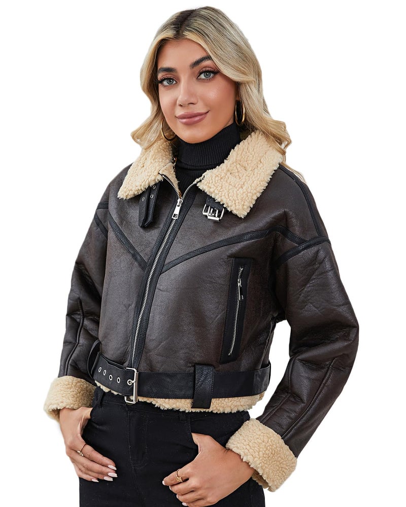 LY VAREY LIN Winter Women Faux Lamb Fur Leather Short Jacket Lapel Zipper Bomber Aviator Coat - Image 4