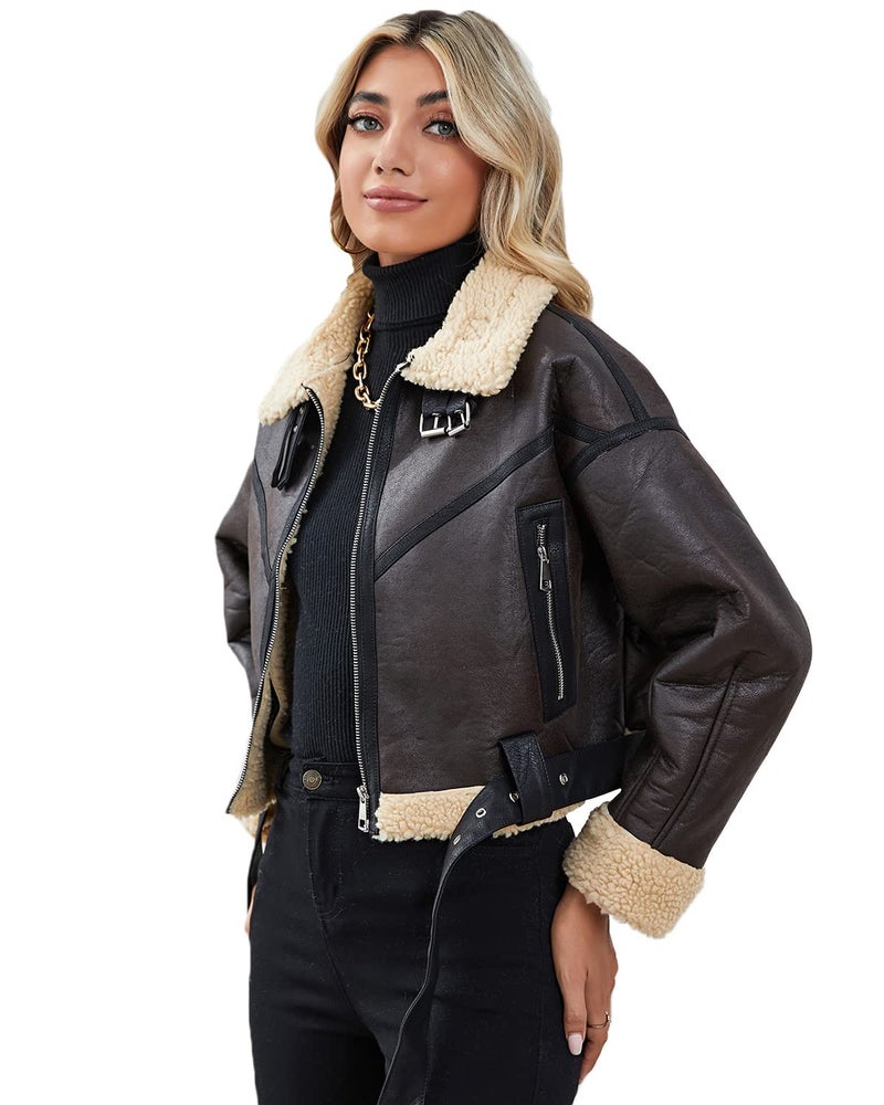 LY VAREY LIN Winter Women Faux Lamb Fur Leather Short Jacket Lapel Zipper Bomber Aviator Coat - Image 2