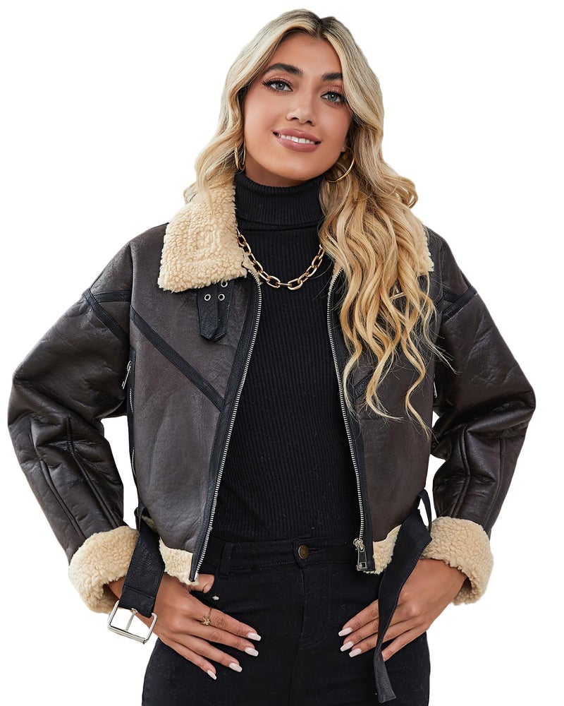 LY VAREY LIN Winter Women Faux Lamb Fur Leather Short Jacket Lapel Zipper Bomber Aviator Coat - Image 3