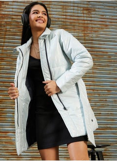 Campus Sutra Women's Powder Blue Patent Long Puffer Jacket  - Image 1