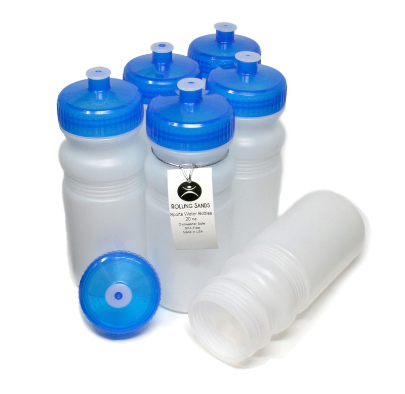 Rolling Sands USA Made 20 Ounce Sports Water Bottles - 6-Pack BPA-Free Blank Sports Bottles for Small Teams, Adults & Kids - Clear Frost Bottle/Blue Lid, No Smell No Taste - Image 1