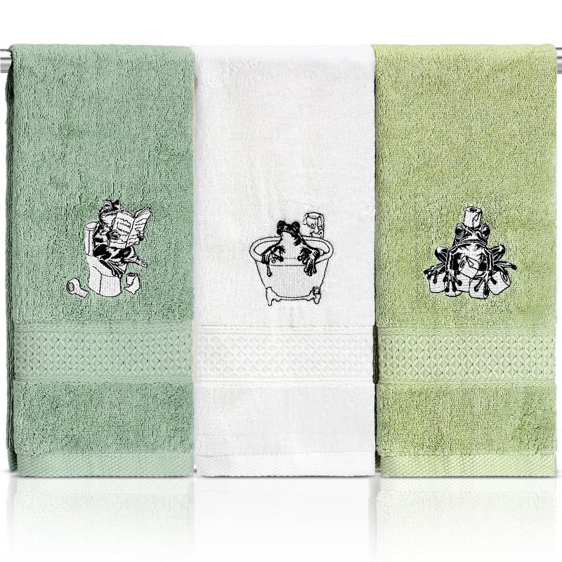 Breling 3 Pcs Frog Hand Towels for Bathroom, Frog Kitchen Hand Towels 13.3 x 29 Inch 100% Cotton Soft Embroidered Washroom Decoration for Animal Lover Restroom Decorative Gifts - Image 1