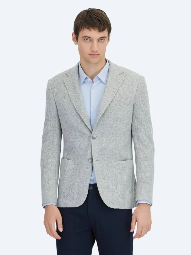 Kip Grey Checkered Modern Fit Cotton Blended Jacket