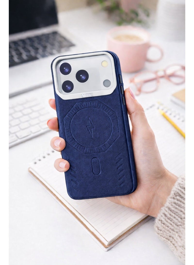 VR CREATIVE Premium Leather MagSafe Compatible Case for iPhone 17 Pro - Magnetic Wireless Charging Cover, Shock Absorbent, Raised Camera Protection – Blue - Image 3