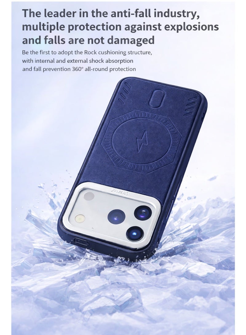 VR CREATIVE Premium Leather MagSafe Compatible Case for iPhone 17 Pro - Magnetic Wireless Charging Cover, Shock Absorbent, Raised Camera Protection – Blue - Image 5