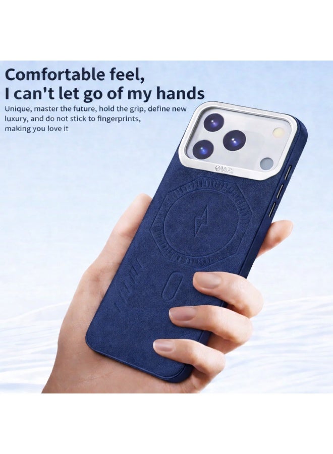 VR CREATIVE Premium Leather MagSafe Compatible Case for iPhone 17 Pro - Magnetic Wireless Charging Cover, Shock Absorbent, Raised Camera Protection – Blue - Image 4