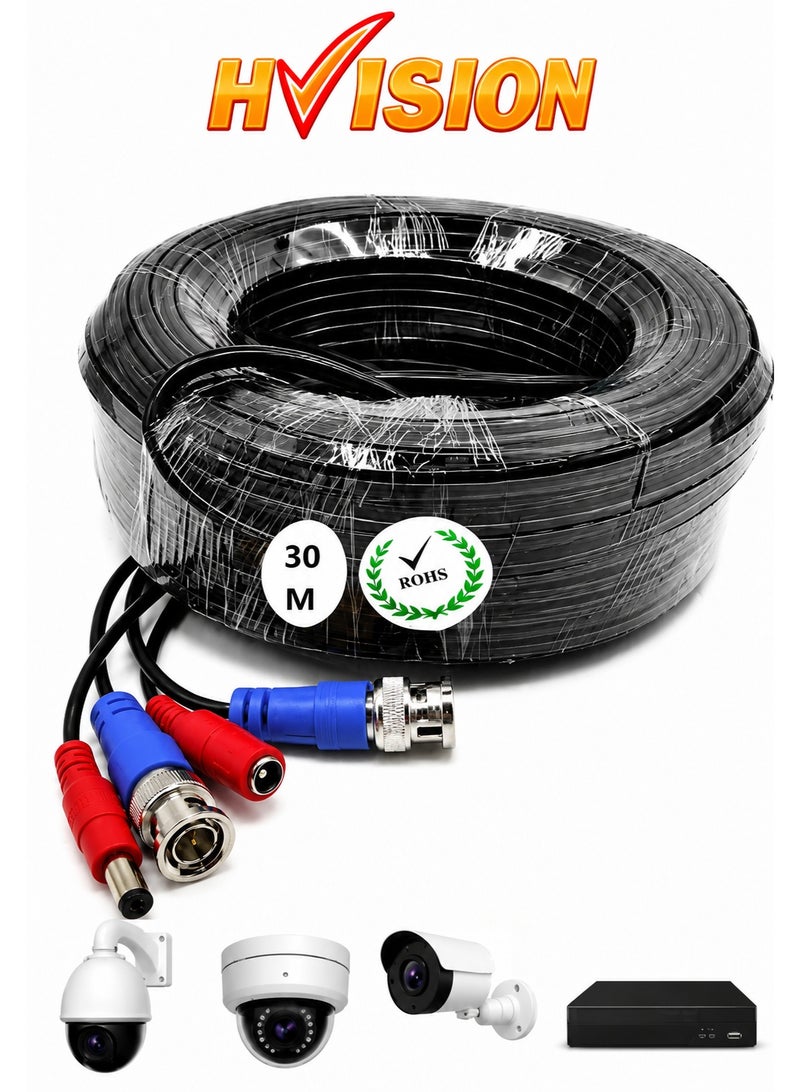 Hivision 30M CCTV Camera Cable – BNC Video & DC Power Cable – Analog Security Camera Extension Wire for DVR Surveillance Systems – Plug & Play - Image 1