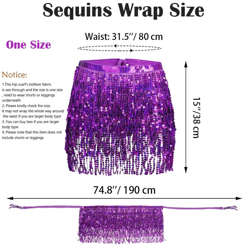 Fenyong Women's Sequin Tassel Skirts Sparkly Rave Fringe Hip Scarf for Festival Costume(Purple) - Image 3