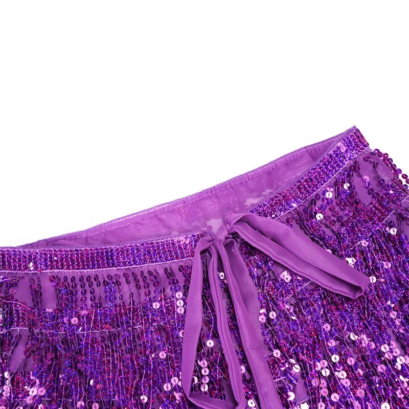 Fenyong Women's Sequin Tassel Skirts Sparkly Rave Fringe Hip Scarf for Festival Costume(Purple) - Image 2
