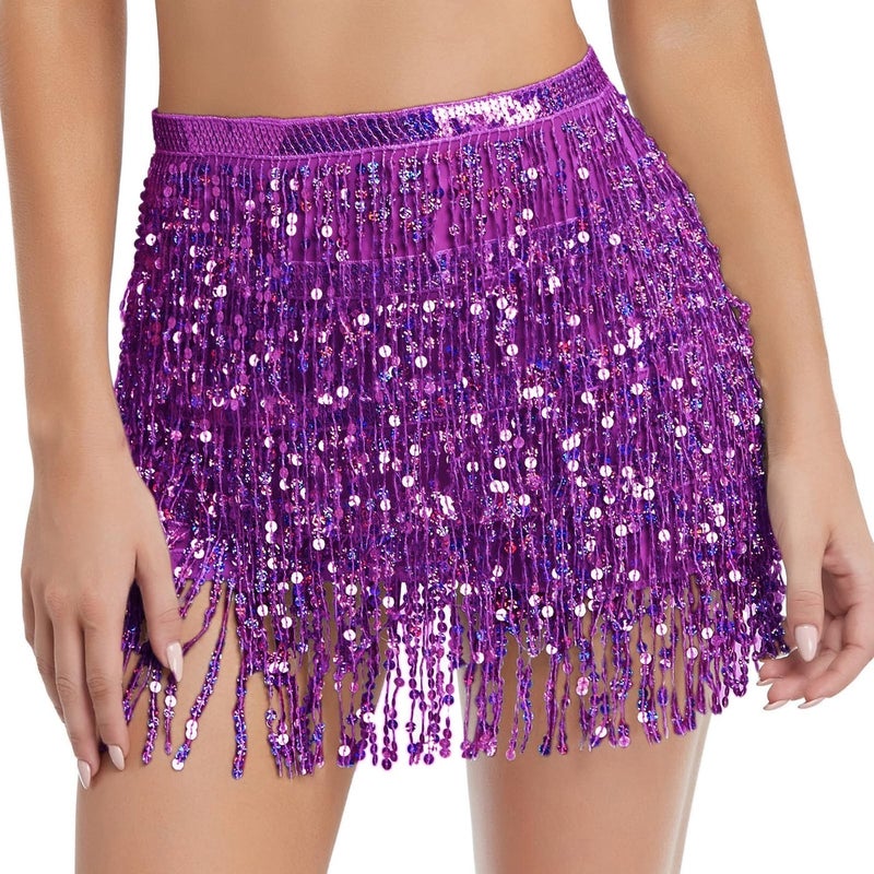 Fenyong Women's Sequin Tassel Skirts Sparkly Rave Fringe Hip Scarf for Festival Costume(Purple) - Image 1