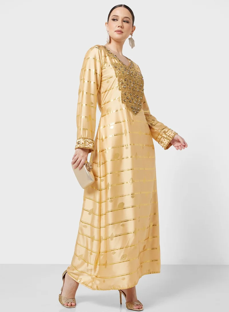 ARABIAN CLOSET Embellished V- Neck Jalabiya