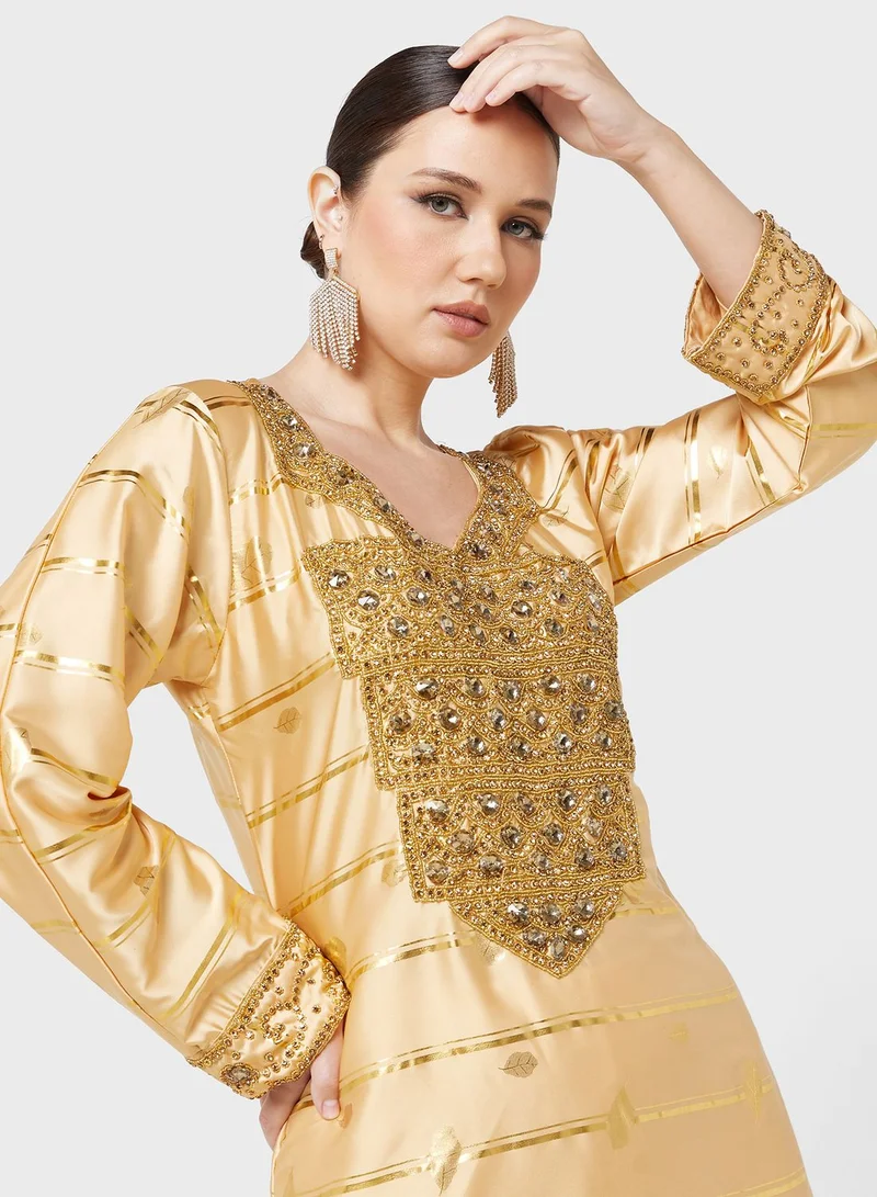 ARABIAN CLOSET Embellished V- Neck Jalabiya