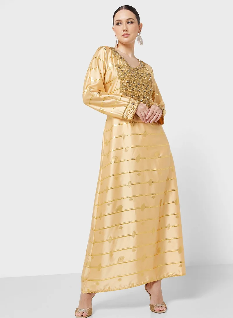 ARABIAN CLOSET Embellished V- Neck Jalabiya