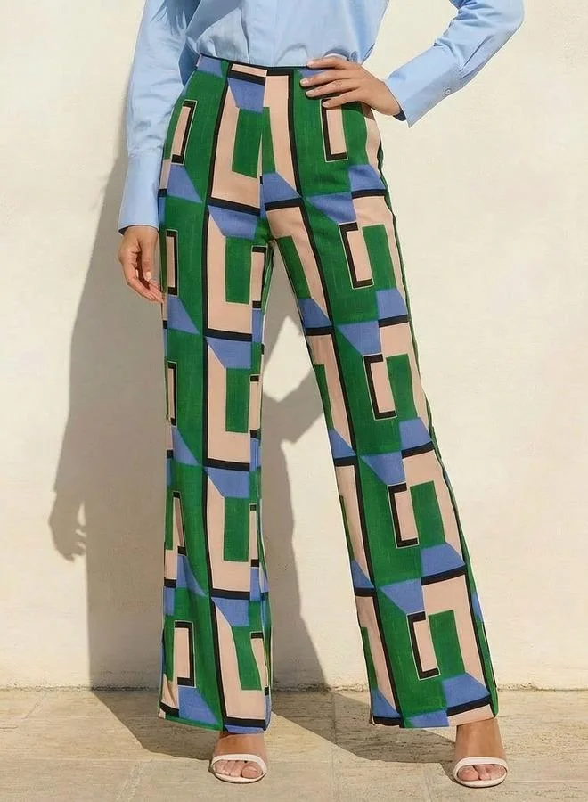 ايكونيك Iconic High Waist Geometric Print Viscose Wide Leg Pants
