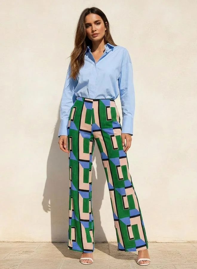 Iconic Green Iconic High Waist Geometric Print Viscose Wide Leg Pants for Women | Best Price UAE