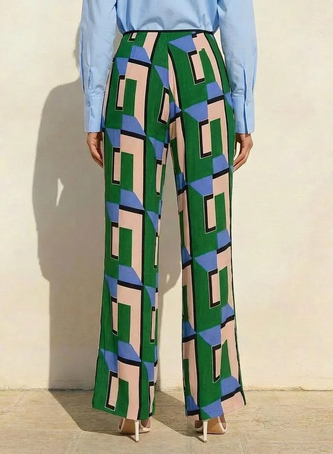 Iconic Green Iconic High Waist Geometric Print Viscose Wide Leg Pants for Women | Best Price UAE