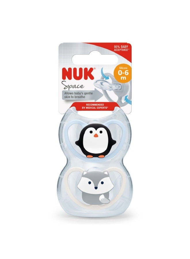 NUK Space Silicone Soothers For 0-6 Months Baby, Assorted Pack of 2's