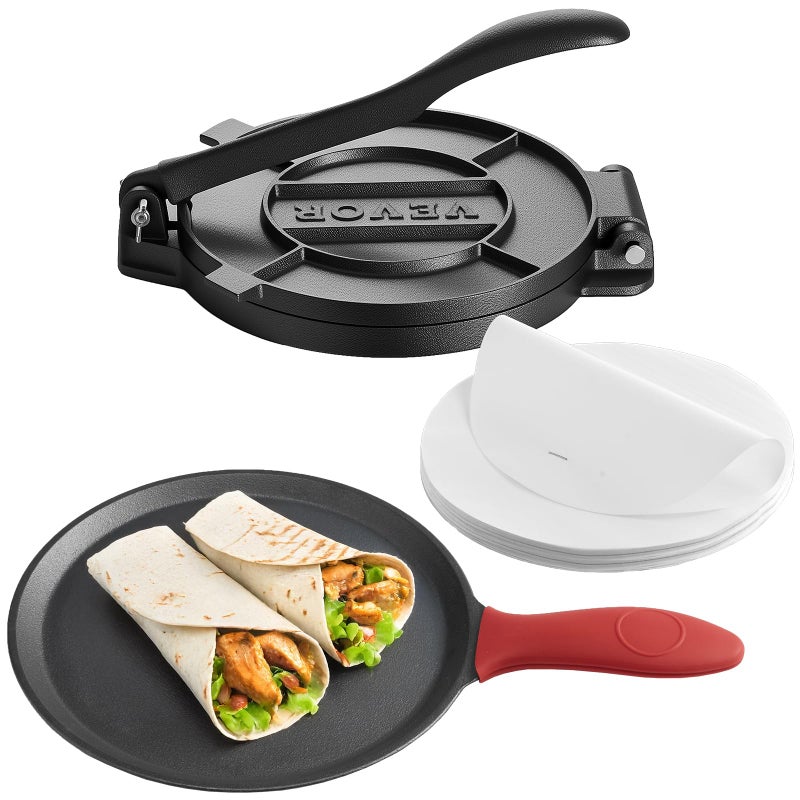 VEVOR Tortilla Press, 10 Inch Cast Iron Tortilla and Roti Maker, Heavy Duty Tortilladora Press, Pataconera Makers with Handle and 100 Pcs Parchment Paper, Dough Taco Press for Flour Tortilla, Tawa - Image 1