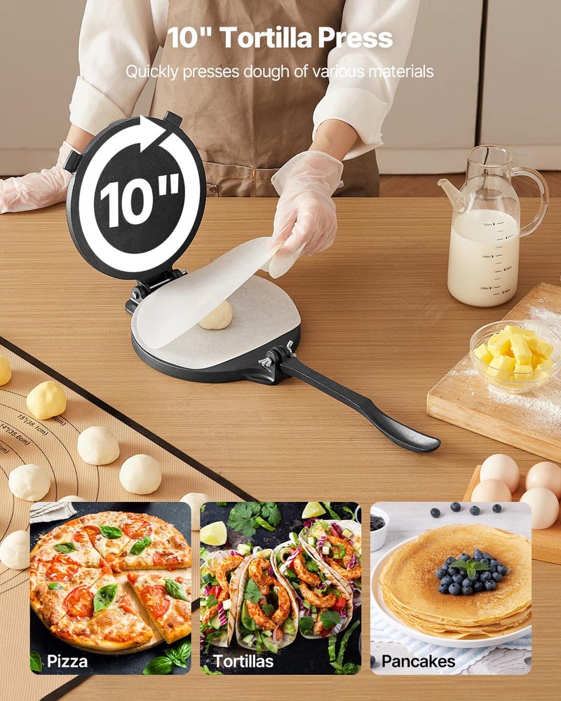 VEVOR Tortilla Press, 10 Inch Cast Iron Tortilla and Roti Maker, Heavy Duty Tortilladora Press, Pataconera Makers with Handle and 100 Pcs Parchment Paper, Dough Taco Press for Flour Tortilla, Tawa - Image 2