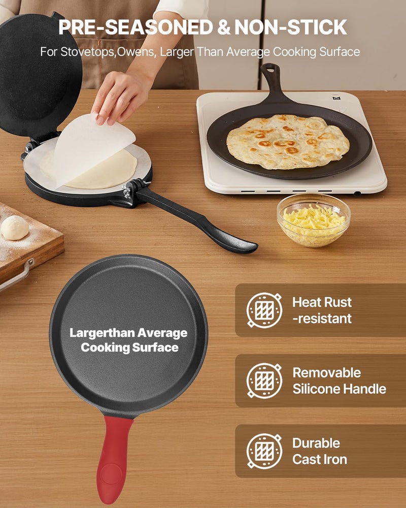 VEVOR Tortilla Press, 10 Inch Cast Iron Tortilla and Roti Maker, Heavy Duty Tortilladora Press, Pataconera Makers with Handle and 100 Pcs Parchment Paper, Dough Taco Press for Flour Tortilla, Tawa - Image 5