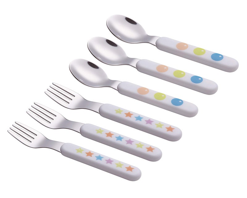 EXZACT Kids Flatware 6pcs Stainless Steel 18/10 Toddler Utensils Flatware- 3 x Forks, 3 x Spoons- BPA Free, Dishwasher Safe - 12 M+ - Stars & Dots - Image 3
