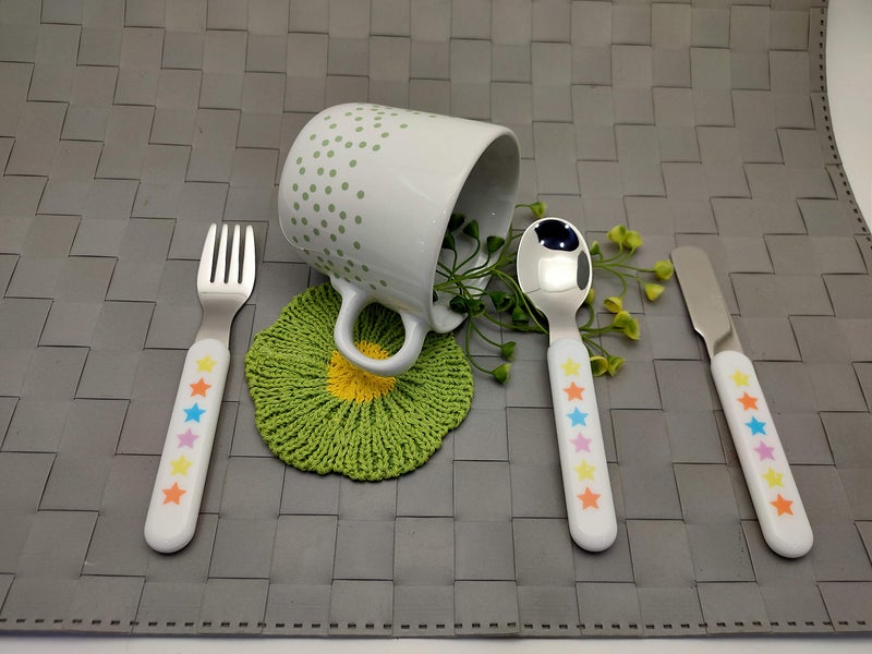 EXZACT Kids Flatware 6pcs Stainless Steel 18/10 Toddler Utensils Flatware- 3 x Forks, 3 x Spoons- BPA Free, Dishwasher Safe - 12 M+ - Stars & Dots - Image 5