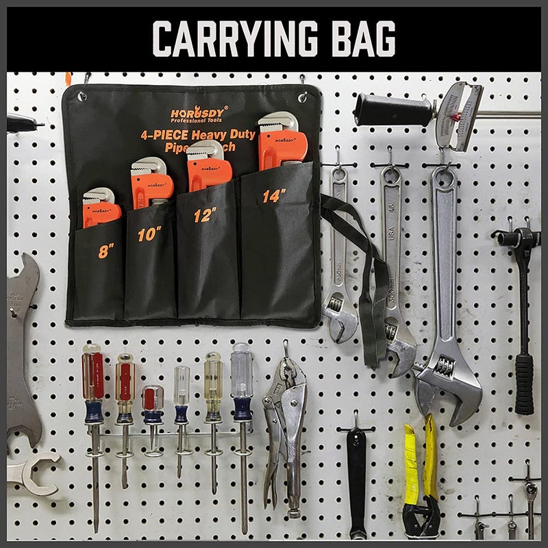 HORUSDY 4 Pack Heavy Duty Pipe Wrench Set, Adjustable 8" 10" 12" 14" Soft Grip Plumbing Wrench Set with Storage Bag - Image 2