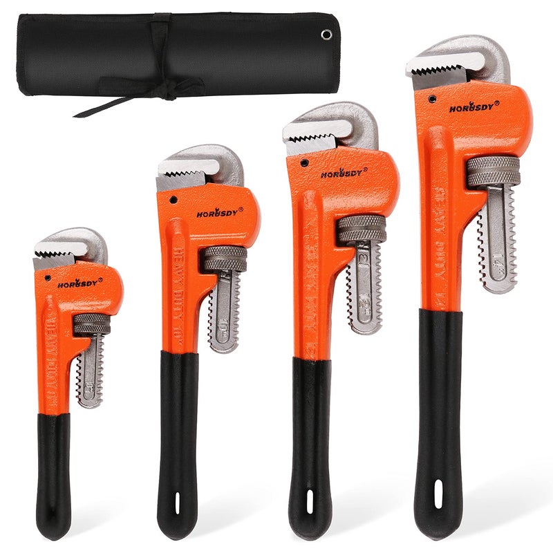 HORUSDY 4 Pack Heavy Duty Pipe Wrench Set, Adjustable 8" 10" 12" 14" Soft Grip Plumbing Wrench Set with Storage Bag - Image 1