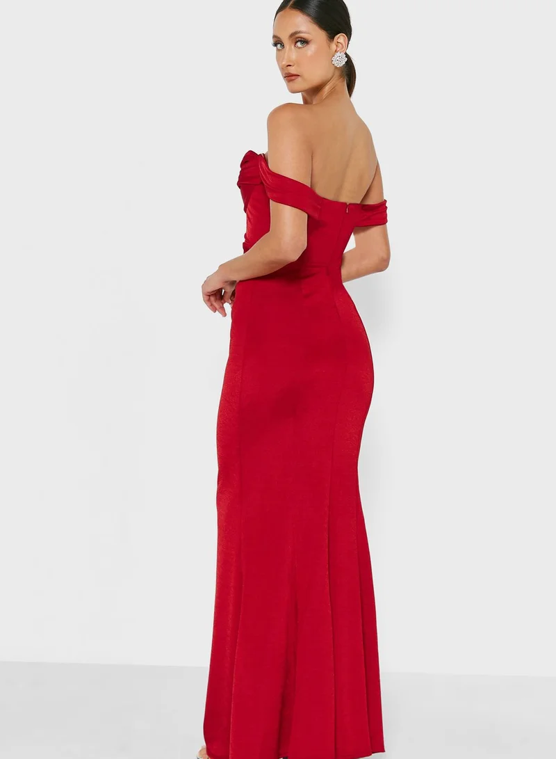 Goddiva Cowl Neck Off Shoulder Dress