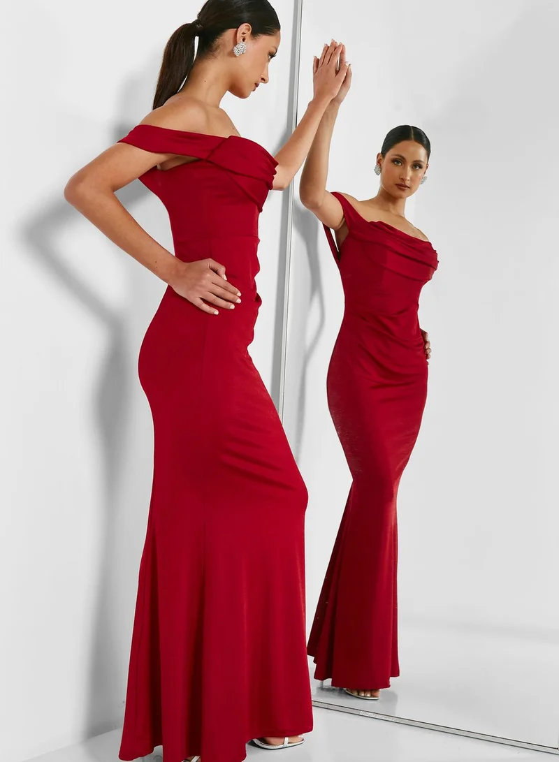 Goddiva Cowl Neck Off Shoulder Dress