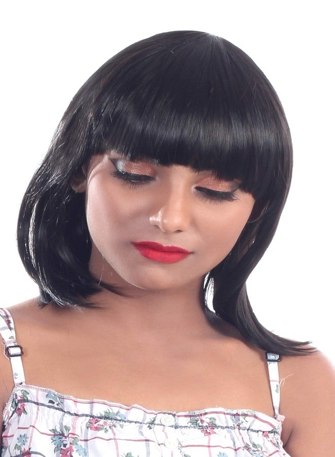 ريتزكارت شعر مستعار أسود قصير من الألياف الصناعية بطول 16 بوصة مع غرة أمامية، بقصة بوب متوسطة للنساء - Image 2