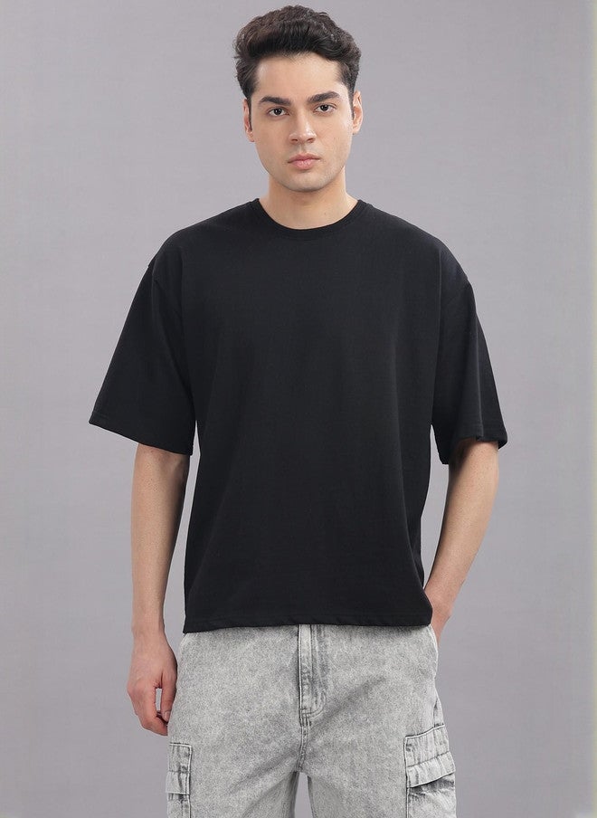 OUTLAWS Men's Solid Black Round Neck Cotton Relaxed Fit T-shirt - Image 1