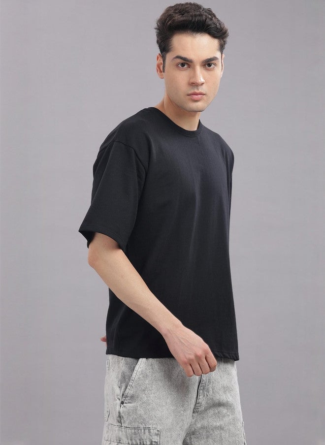 OUTLAWS Men's Solid Black Round Neck Cotton Relaxed Fit T-shirt - Image 4