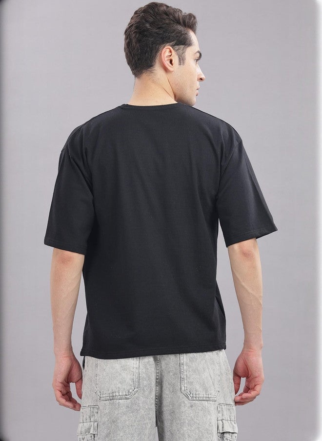 OUTLAWS Men's Solid Black Round Neck Cotton Relaxed Fit T-shirt - Image 5