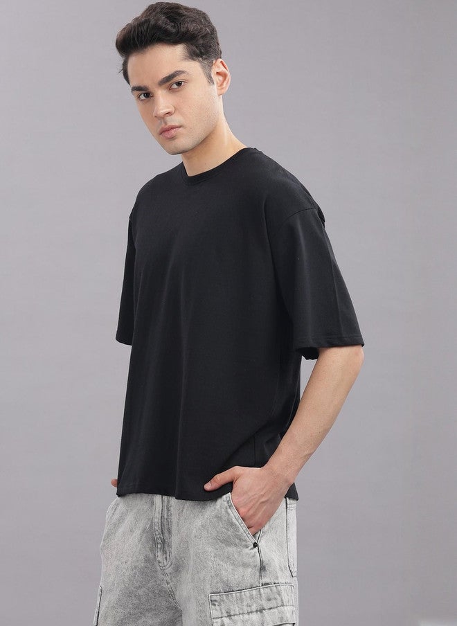 OUTLAWS Men's Solid Black Round Neck Cotton Relaxed Fit T-shirt - Image 3