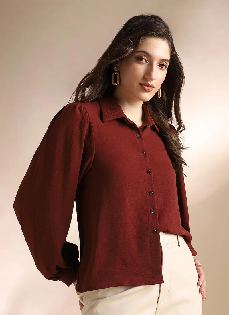 globus Globus Women Maroon Self Design Collared Neck Puff Sleeves Workwear Shirt
