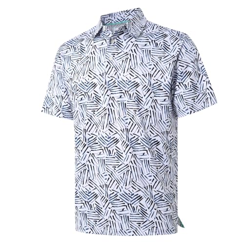M MAELREG Golf Shirts for Men Dry Fit Short Sleeve Print Performance Moisture Wicking Polo Shirt White Navy Abstract - Image 1